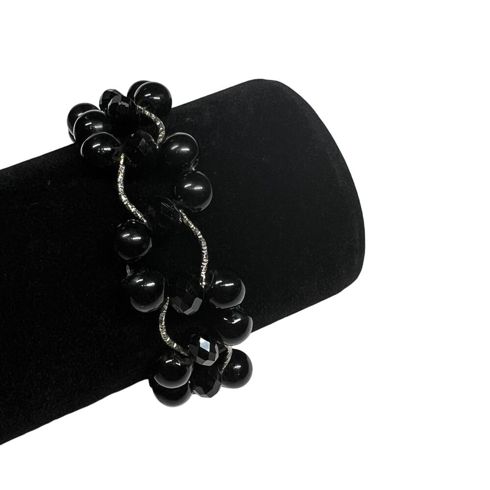 Black Beaded Bracelet Womens Faceted Beads Rhinestone Silver Tone Wavy Statement